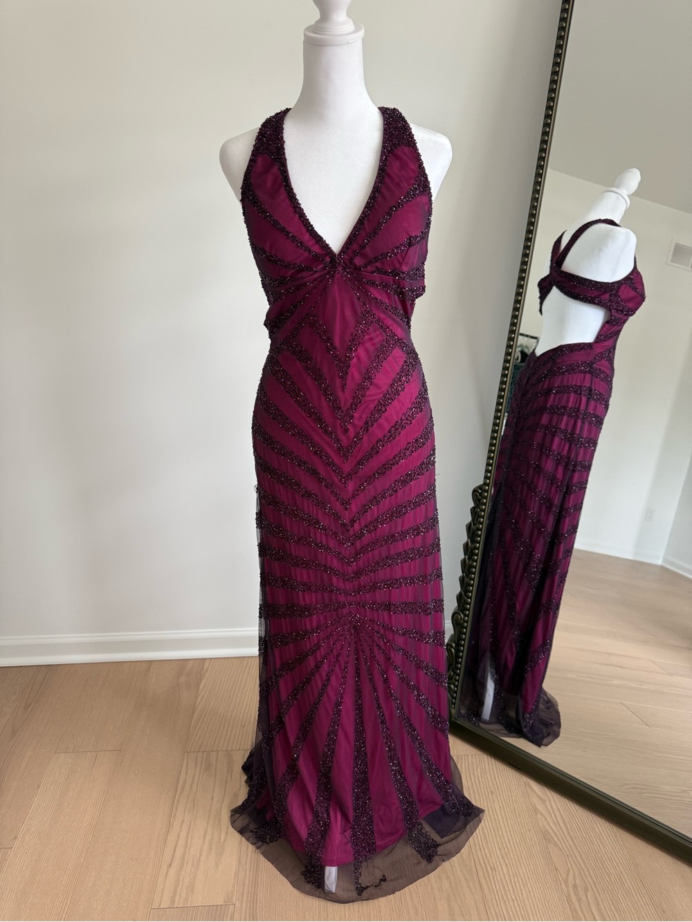 Night Way Collections Plum Beaded Halter Evening Gown